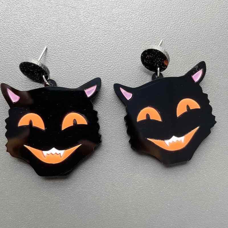 ハロウィン ピアス レディース アクセサリー 装飾品 イベント パーティー コスプレ 両耳 ユニーク ホラー スタッド 猫 口 黒 オレンジ