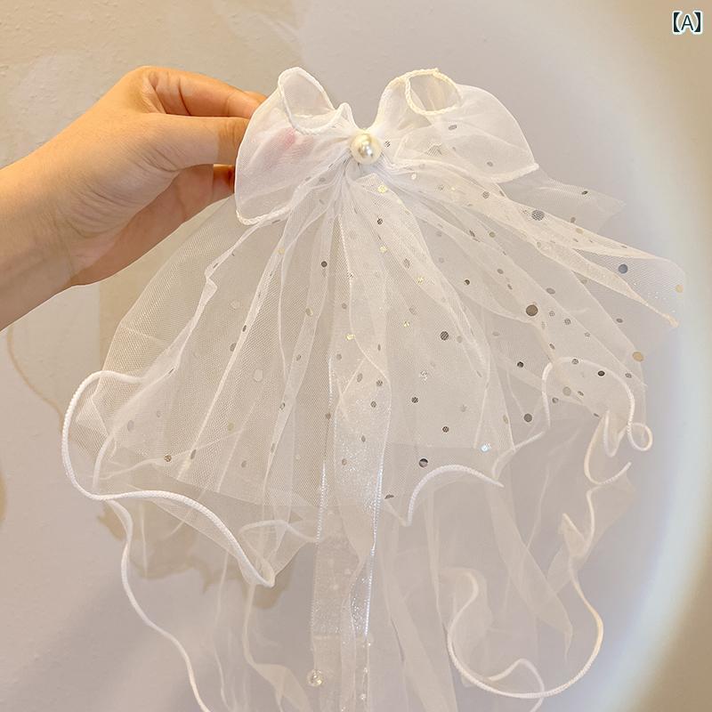 ベール 子供 女の子 フラワーガール かわいい 韓国 ティアラ リボン クリップ レース ヘッドアクセサリー 誕生日 パーティー 結婚式 白