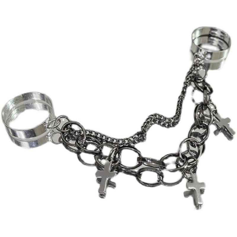 指輪 レディース 韓国 クロス モチーフ チェーン ダブル リング パンク ロック ゴスロリ 地雷系 ファッション アクセサリー ハロウィン コスプレ 衣装 小...