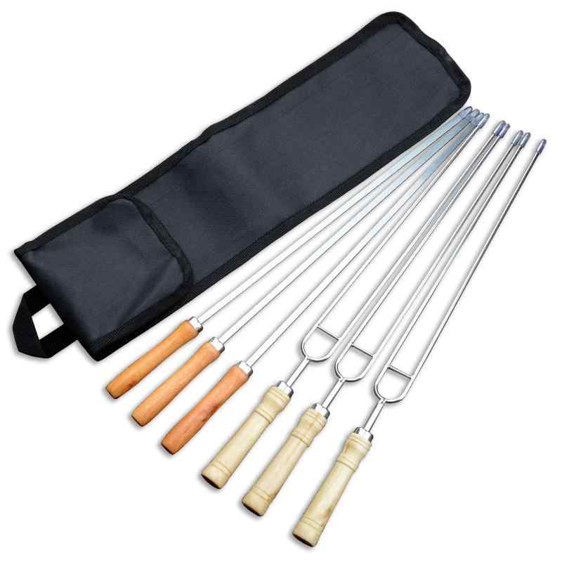 バーベキュー くし 6本 セット 42cm ステンレス鋼 ダブル U字型 フォーク 平型 収納ケース 木製ハンドル 滑り止め やけど防止 錆びにくい 洗いやすい...