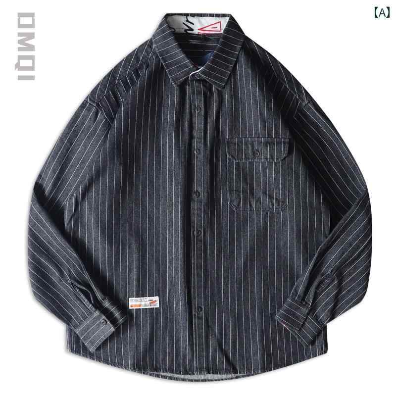 シャツジャケット メンズ 春秋 アメリカンスタイル レトロ ストライプ 長袖 ゆったり 大きいサイズ カジュアル ブラック ブルー おしゃれ アウター トップス