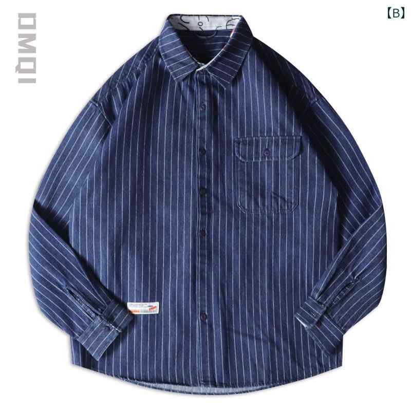 シャツジャケット メンズ 春秋 アメリカンスタイル レトロ ストライプ 長袖 ゆったり 大きいサイズ カジュアル ブラック ブルー おしゃれ アウター トップス