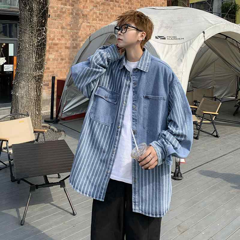 シャツジャケット メンズ 綿 ストライプ デニム アウター ルーズ カップル トップス ブルー ゆったり 長袖 カジュアル 大きいサイズ 春秋 ビッグシルエット オーバーサイズ