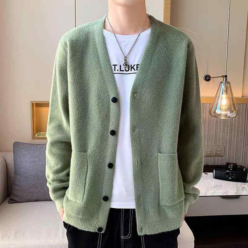 カーディガン メンズ ニット 春秋 前開き ボタン カジュアル 薄手 ライナー付き ジャケット グレー グリーン ブラック 大きいサイズ ゆったり Vネック 長袖 おしゃれ