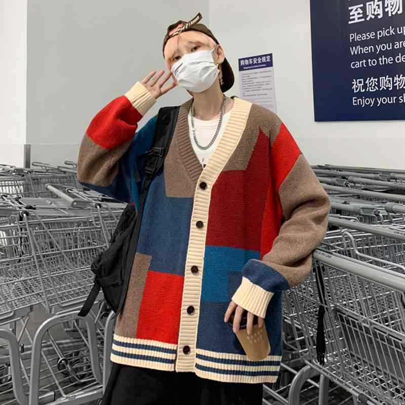 カーディガン メンズ 秋冬 前開き ボタン ジャケット カラーブロッキング セーター Vネック 人気 韓国 ニット レッド イエロー ゆったり 大きいサイズ 長袖 カジュアル おしゃれ