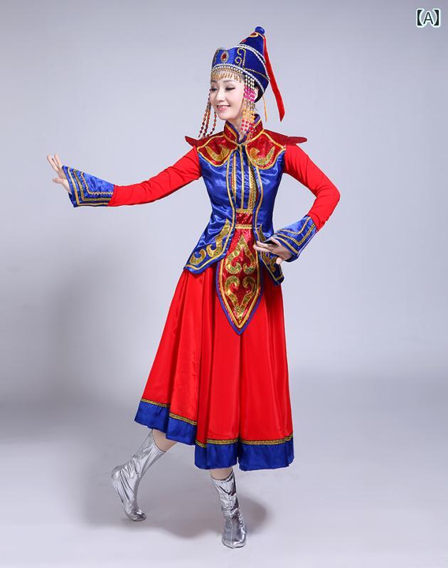 モンゴル 衣装 ダンス レディース おしゃれ ローブ ワンピース 長袖 通気性 スリム 快適 柔らかい 肌に優しい パフォーマンス ステージ エスニック 伝統 ゴージャス 派手 赤