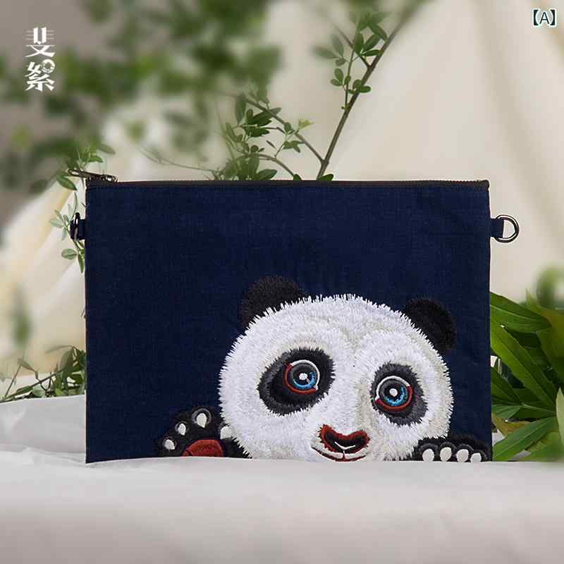 チャイナ バッグ レディース 刺繍 パンダ柄 文学風 綿麻 クラッチ ショルダー 斜め掛け エンベロープ 封筒型 ジッパー 隠しポケット シングルストラップ 旅行用 母の日 プレゼント ネイビー
