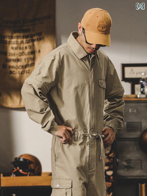 つなぎ メンズ 作業服 ゆったり 取り外し可能 オールインワン アメリカン カジュアル レトロ ヘビーウェイト 多ポケット 春 綿 通気性 大きいサイズ カーキ