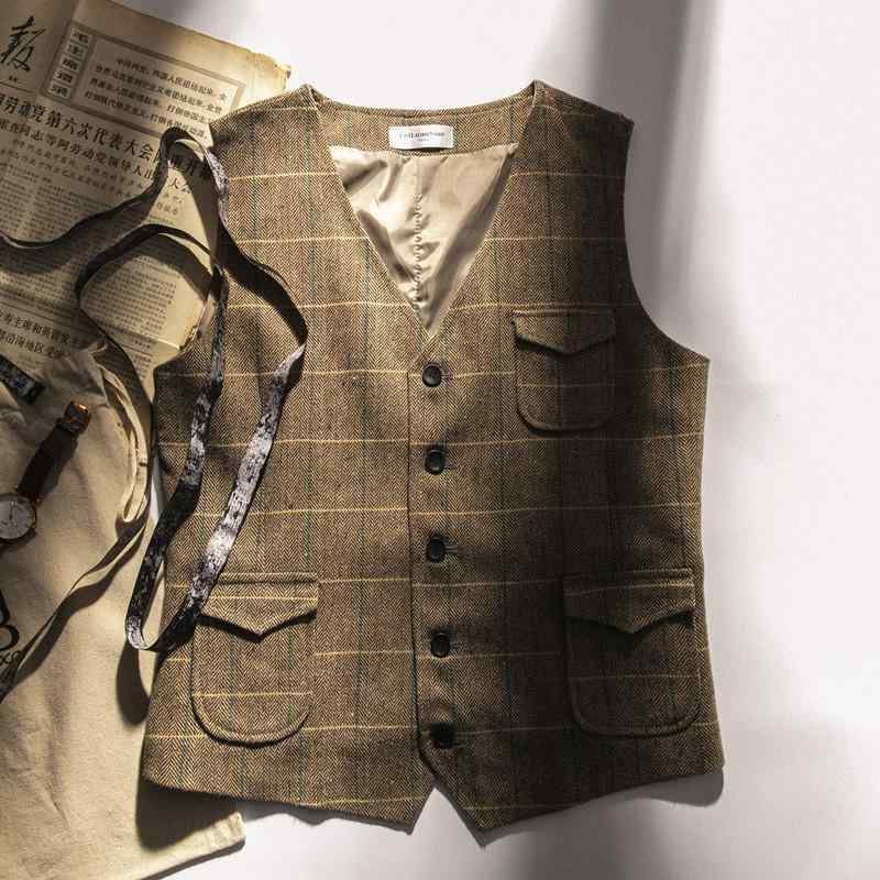 おしゃれ ベスト メンズ フォーマル 秋 冬 ヘリンボーン レトロ ツイード 欧米 英国 大きい 厚手 暖かい Vネック シングルブレスト パッチポケット