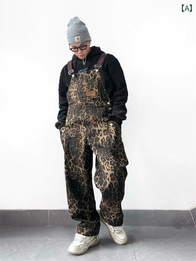 オーバーオール メンズ つなぎ アメリカン レトロ ストリート 多ポケット ヒョウ柄 サロペット 作業服 カジュアル ゆったり ストレート デニム生地 大きいサイズ おしゃれ 普段着