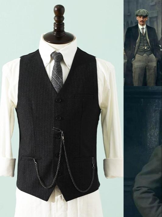 おしゃれ ベスト メンズ フォーマル スリム 結婚式 男性 服 レトロ Vネック シングルブレスト ビジネス カジュアル 紳士 秋 黒
