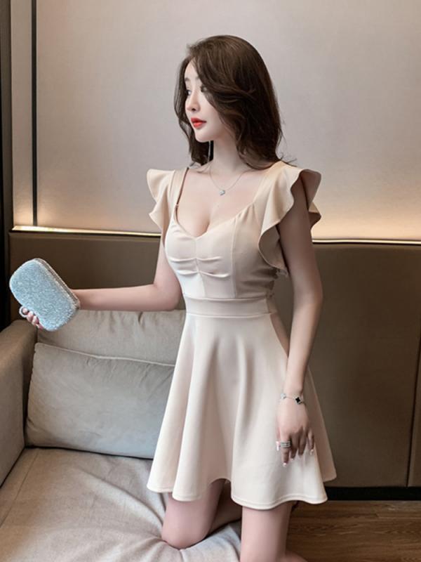 キャバ ドレス カジュアル ワンピ クラブ セクシー プルオーバー スリム フリル Aライン 半袖 ミニスカート 黒 アプリコット