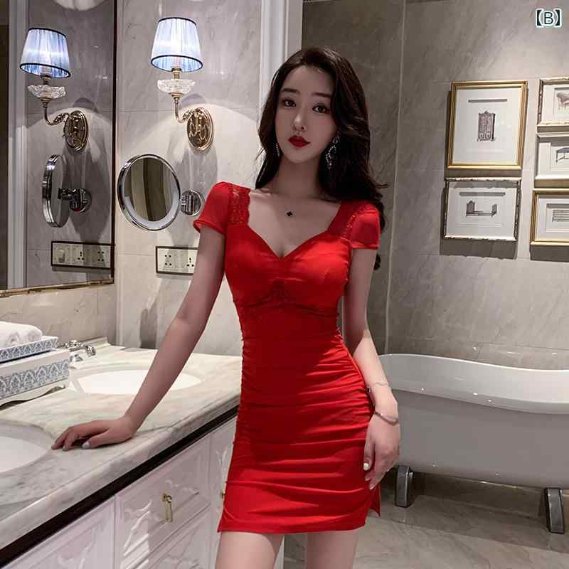 キャバ ドレス カジュアル ワンピ クラブ セクシー プルオーバー スリム 半袖 ミニスカート レース ゴムウエスト レディース 大きいサイズ 黒 赤