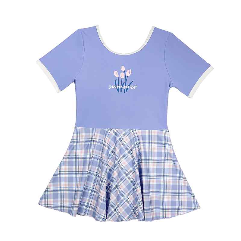 水着 女の子 かわいい キッズ ワンピース 春夏 半袖 スカート リボン 胸パッド 速乾 通気 抗菌 耐摩耗 ソフト 日焼け防止 体型カバー スパ プール 海水浴 花 チェック柄 青
