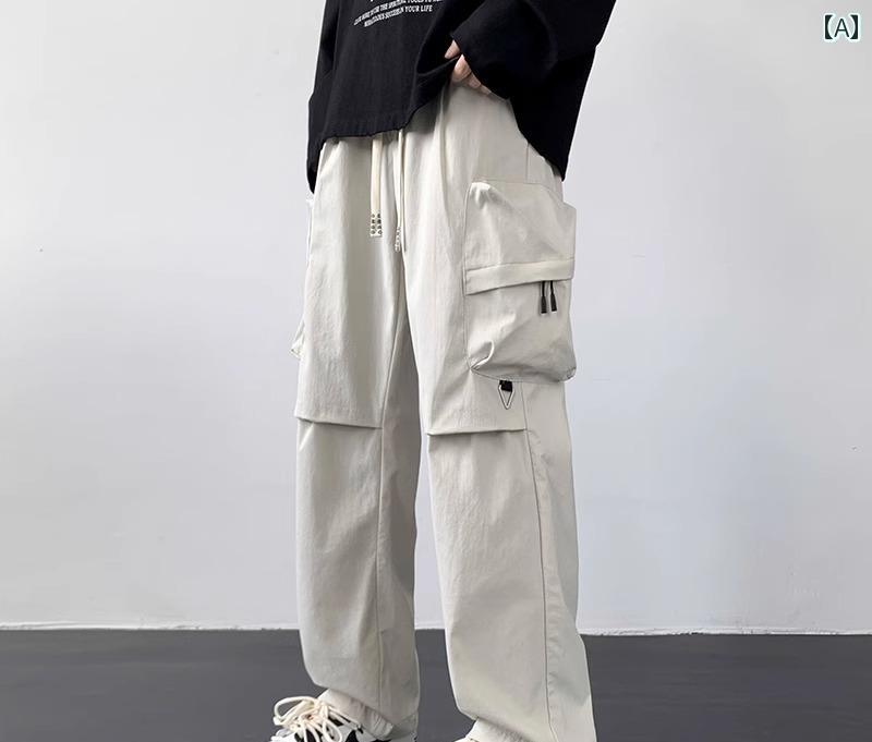 Cargo Pants - カーゴパンツ メンズ 春秋 ボトムス 大きいサイズ ゆったり 通気性 防水 防風 長ズボン ウエストゴム 多ポケット ストレート ワイドレッグ ワークパンツ シンプル カジュアル 黒 緑 白