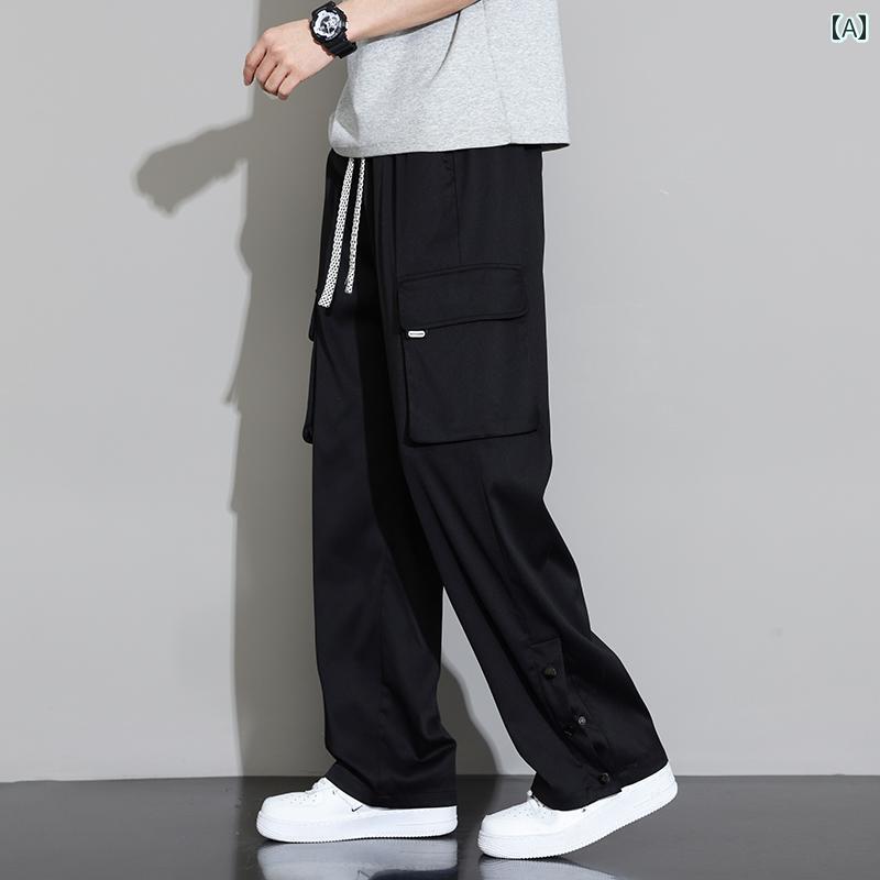 Cargo Pants - カーゴパンツ メンズ 春 ボトムス アメリカン 大きいサイズ ゆったり 通気性 冷感 長ズボン ウエストゴム 多ポケット ストレート ワイドレッグ ワークパンツ シンプル カジュアル 黒 緑 白