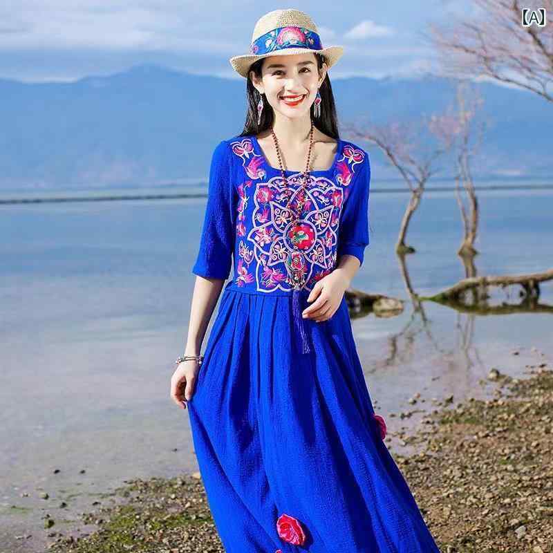 アジアン エスニック ワンピース レディース エレガント レトロ おしゃれ 春夏 秋 五分袖 大きいサイズ ゆったり Aライン ロング 刺繍 花 ラウンドネック プルオーバー 旅行 写真映え 青