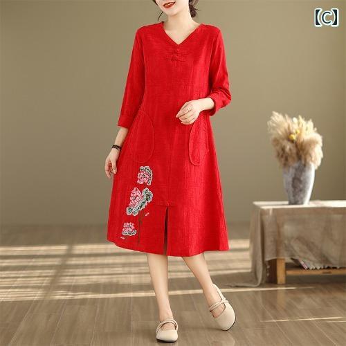 アジアン エスニック ワンピース レディース エレガント レトロ 民族風 大きいサイズ ゆったり 綿麻 七分袖 春秋 Vネック Aライン ミモレ丈 スリット 刺繍 花 ボタン ポケット 黄色 水色 赤