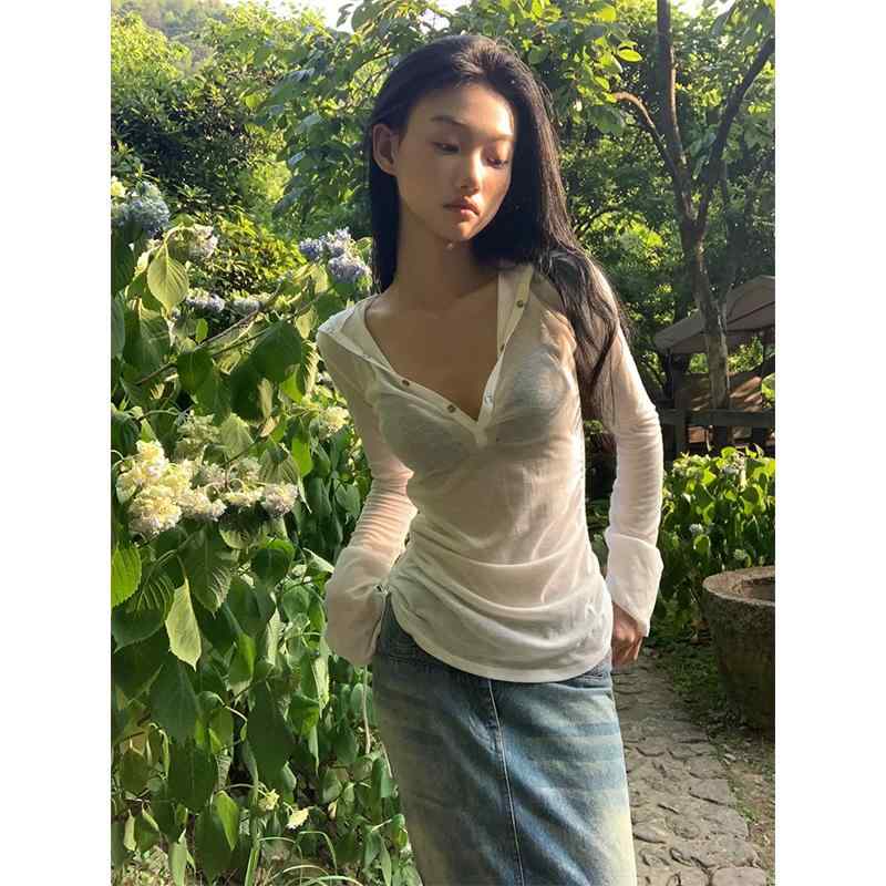 シアートップス 夏 長袖 薄手 カバーアップ セクシー スリム フィット 日焼け防止 白 無地 カジュアル ゆったり ルーズ おしゃれ Vネック