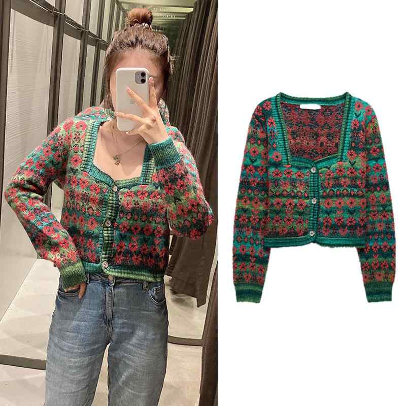 カーディガン ニット 秋 レディース エスニック ジャカード セーター トップス 長袖 ショート丈 深Vネック おしゃれ 個性的 カジュアル 花柄
