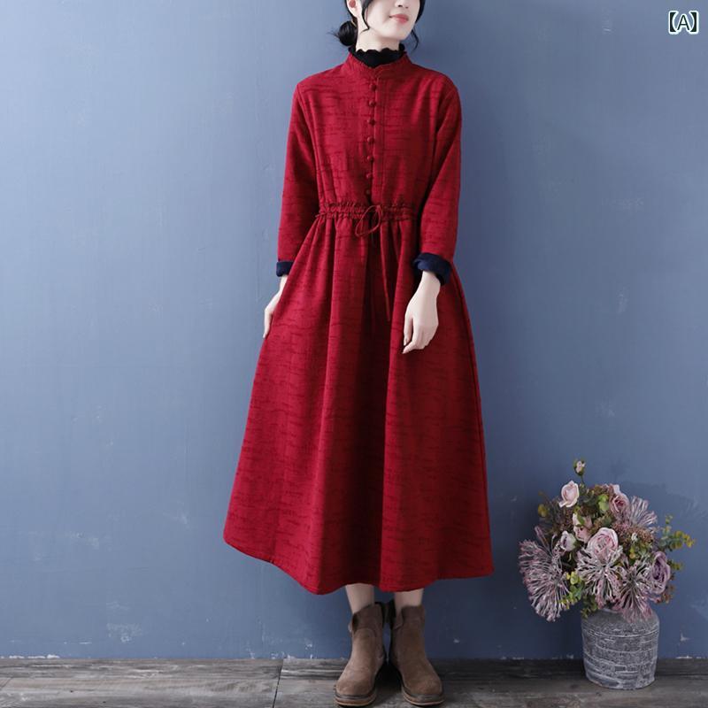 ワンピース エスニック アジアン レディース レトロ 民族風 ナチュラル シンプル ゆったり 綿麻 裏起毛 スタンドカラー プルオーバー Aライン 秋冬 赤 紫 紺 長袖のサムネイル