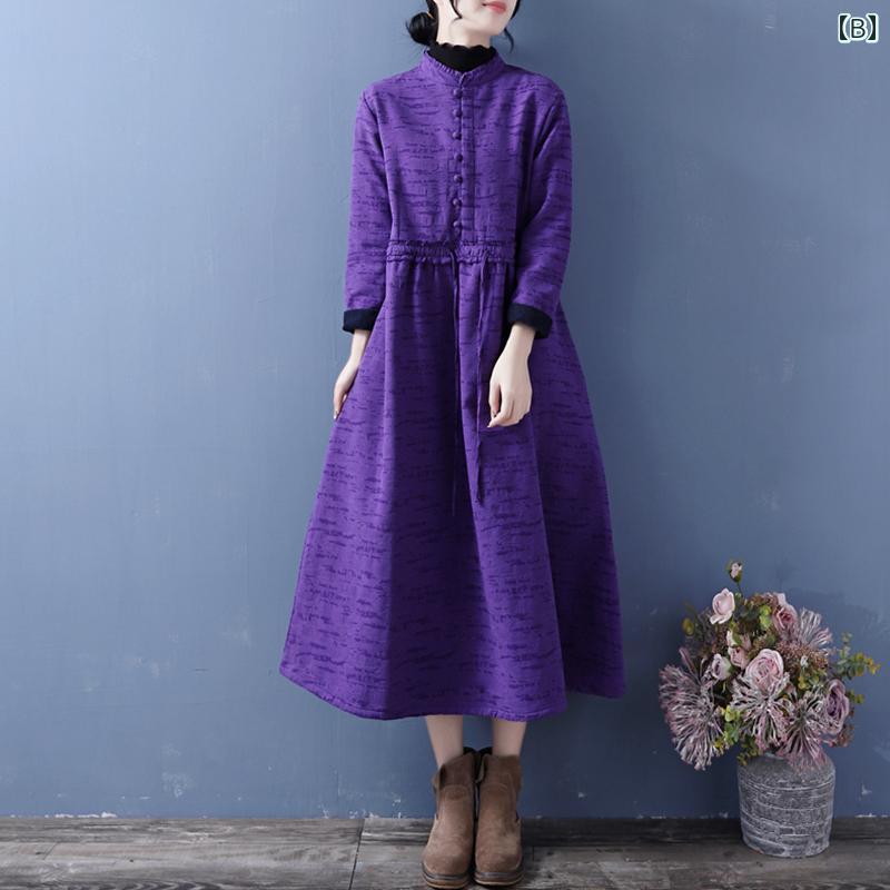 ワンピース エスニック アジアン レディース レトロ 民族風 ナチュラル シンプル ゆったり 綿麻 裏起毛 スタンドカラー プルオーバー Aライン 秋冬 赤 紫 紺 長袖