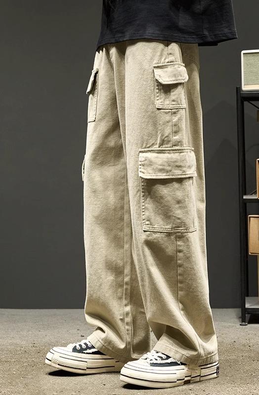 Cargo Pants - カーゴパンツ メンズ 春秋 アメリカン ヴィンテージ風 ボトムス 大きいサイズ ゆったり 長ズボン 多ポケット ストレート ワイドレッグ シンプル カジュアル おしゃれ 黒 モカ