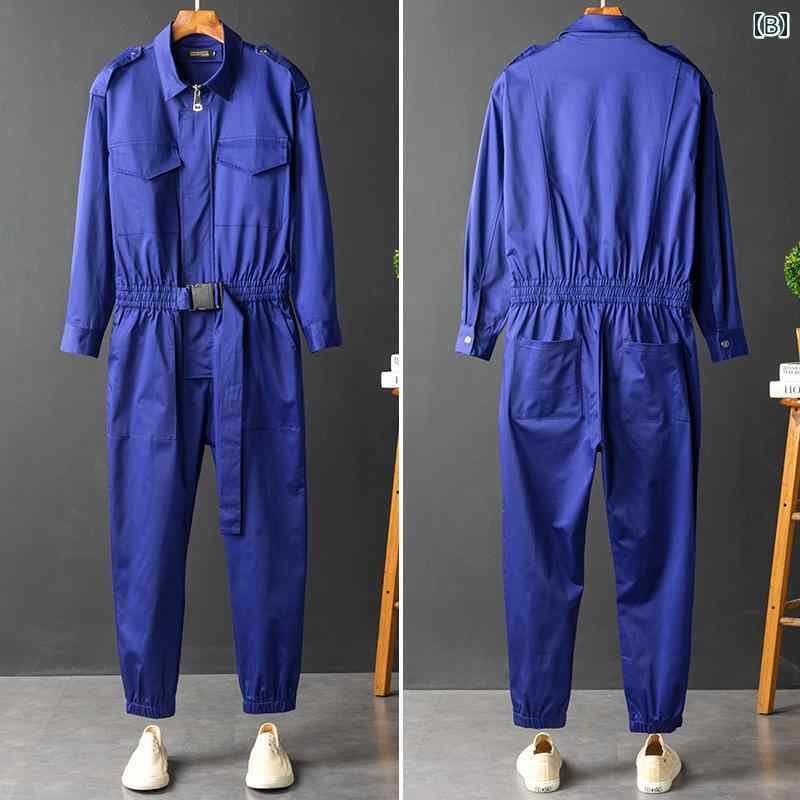 つなぎ メンズ 作業服 秋 ジャンプスーツ アメリカ ストリート系 ヒップホップ 多ポケット ジョガーパンツ 男女兼用 ペアルック オールインワン 防汚 大きいサイズ 刺繍 青 茶 赤