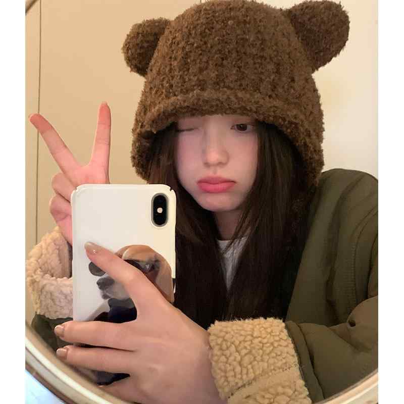 帽子 レディース 冬用 かわいい くま耳 ふわふわ ニット 柔らかい 厚手 防寒 暖かい 韓国 耳あて カバー ウール 紐付き 普段使い レジャー 黒 ベージュ アイボリー