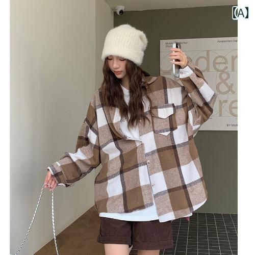 Rakuten - シャツ レディース 長袖 秋 おしゃれ カジュアル 韓国 ウール チェック ジャケット 女性 冬 ホット ルーズ