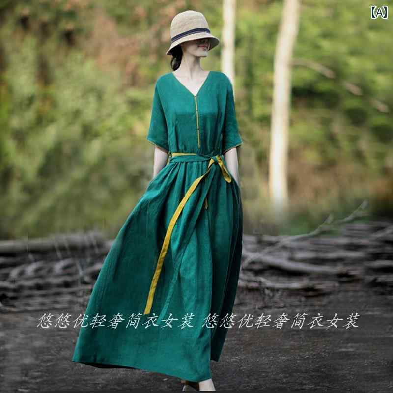 ワンピース エスニック アジアン レディース 秋 おしゃれ 民族風 レトロ 無地 着痩せ 綿麻 長袖 ロング Vネック ウエストマーク 緑