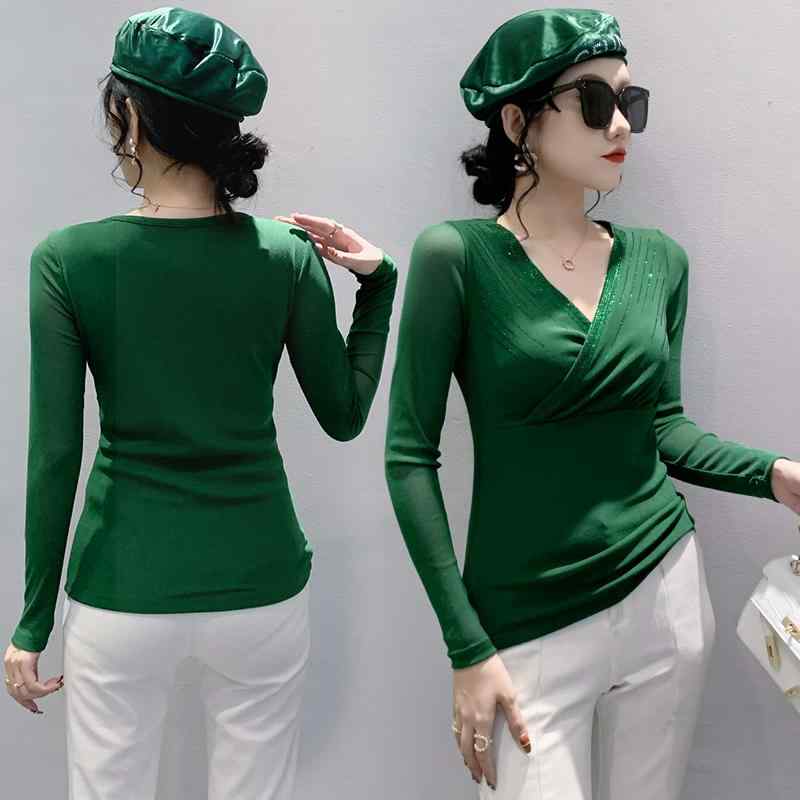 シアー トップス レディース きれいめ 長袖 シャツ カットソー シースルー 大きいサイズ インナー メッシュ 透け感 Vネック カシュクール 肌見せ 切替え ビジュー 装飾 オフィス 普段使い 秋冬 セクシー エレガント スタイリッシュ 黒 茶色 緑