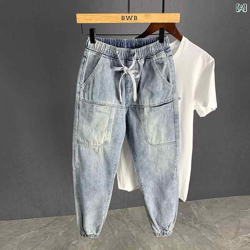 Cropped Pants - ジョガーパンツ メンズ 韓国 大きいサイズ ゆったり 九分丈 クロップド 秋 ポケット カジュアル おしゃれ 普段使い 外出用 デニム 耐摩耗性 青 黒 ストライプ