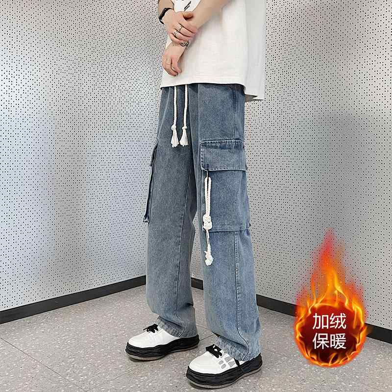 デニムパンツ メンズ ワイド ロング レトロ 大きいサイズ ゆったり ウエストゴム 紐 ポケット 冬 厚手 暖かい カジュアル おしゃれ 青 黒