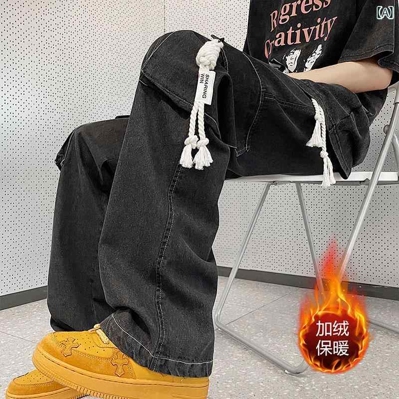デニムパンツ メンズ ワイド ロング レトロ 大きいサイズ ゆったり ウエストゴム 紐 ポケット 冬 厚手 暖かい カジュアル おしゃれ 青 黒