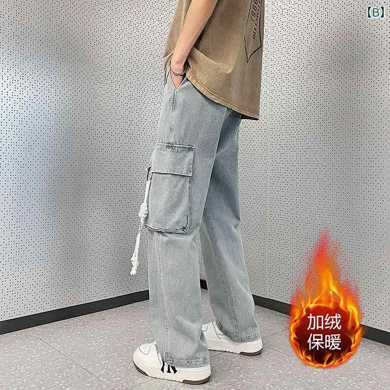 デニムパンツ メンズ ワイド ロング レトロ 大きいサイズ ゆったり ウエストゴム 紐 ポケット 冬 厚手 暖かい カジュアル おしゃれ 青 黒