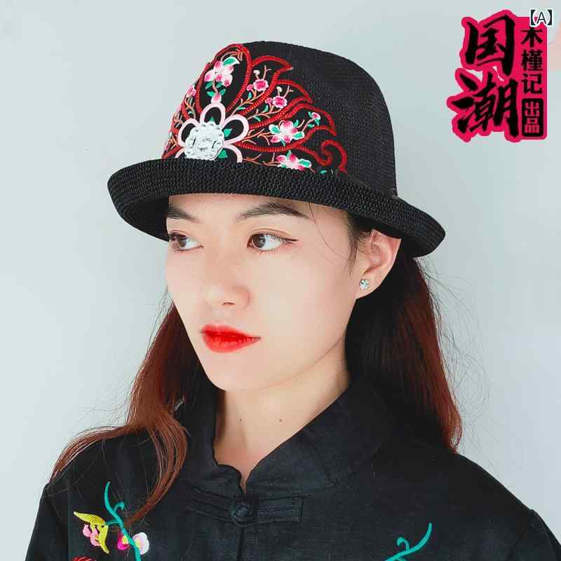 ハット レディース 帽子 おしゃれ エスニック 刺繍 ビーチ 麦わら 女性用 秋 万能 フラット 日焼け防止 ビーチ 日よけ