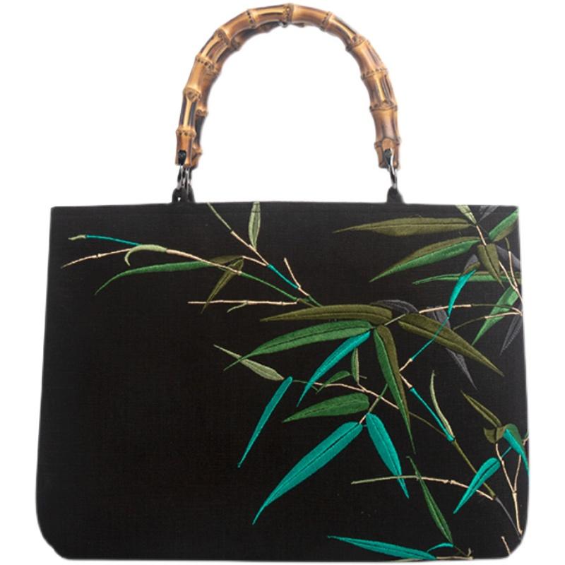 楽天フロントップ楽天市場店ハンドバッグ レディース チャイナ風 トート おしゃれ 横長 ファスナー ポケット コットン リネン 布 竹の枝 刺繍 バンブー ハンドル 厚手 軽量 手提げ 鞄 ブリーフケース カジュアル シンプル エスニック ビジネス 普段使い プレゼント 黒