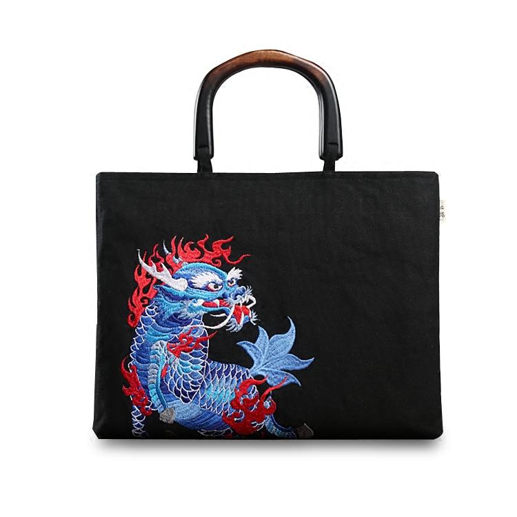 ハンドバッグ レディース メンズ チャイナ風 トート おしゃれ ファスナー ポケット マチ キャンバス コットン 麒麟 神獣 刺繍 木製 ハンドル 手提げ 鞄 ブリーフケース PC タブレット エスニック レトロ ビジネス お出かけ 普段使い 黒