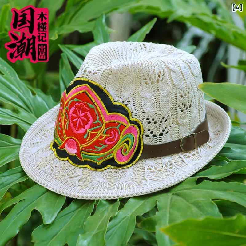 中折れハット レディース おしゃれ 帽子 春 エスニック 刺繍 花 女性 カジュアル 日よけ 綿 リネン 短いつば ジャズ