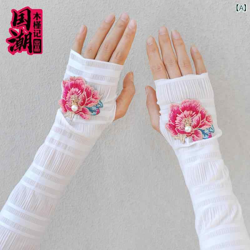 アームカバー オシャレ スリーブ レディース フィンガーレス 夏 アウトドア 女性用 日焼け防止 手袋 エスニック 刺繍 ロング 袖