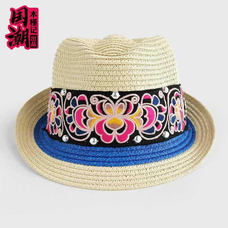 中折れハット レディース おしゃれ 帽子 エスニック 刺繍 花 麦わら 日焼け防止 日よけ 春夏 秋 ジャズ