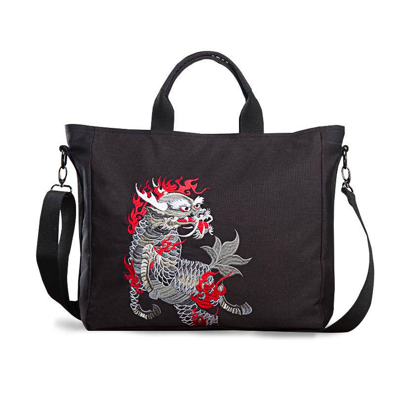 ハンドバッグ レディース チャイナ風 2way トート ショルダー 斜め掛け おしゃれ 大きめ 横長 ファスナー ポケット マチ ナイロン 麒麟 神獣 刺繍 大容量 手提げ 鞄 カジュアル エスニック レトロ お出かけ 旅行 普段使い 黒