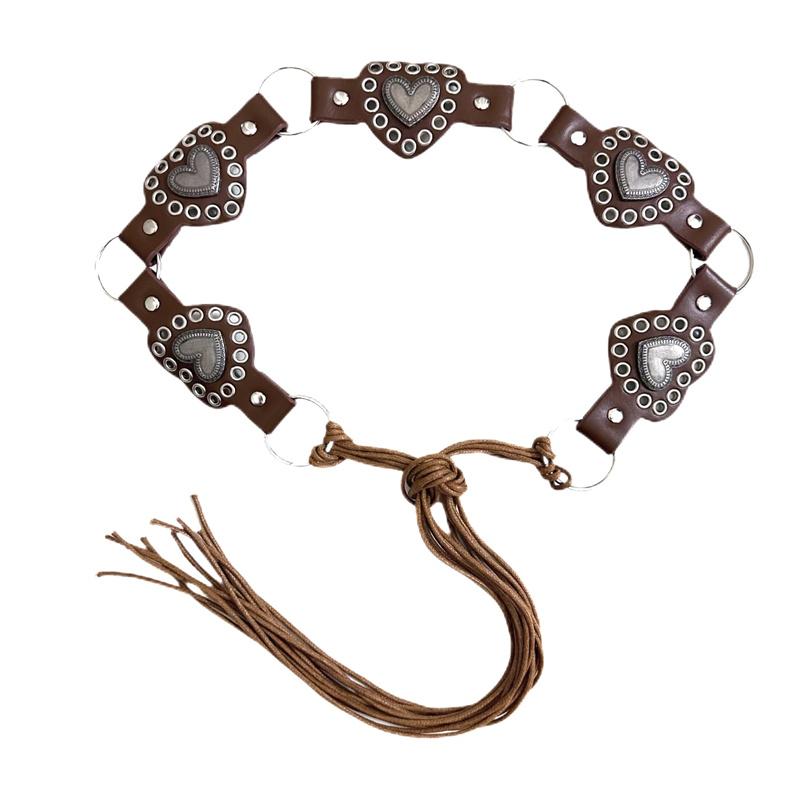 ベルト レディース ボヘミアン レトロ Y2K フェイクレザー ウエストマーク アクセサリー 小物 装飾 ハート形 タッセル 編み込み 個性的 カジュアル スタイリッシュ 黒 茶 白