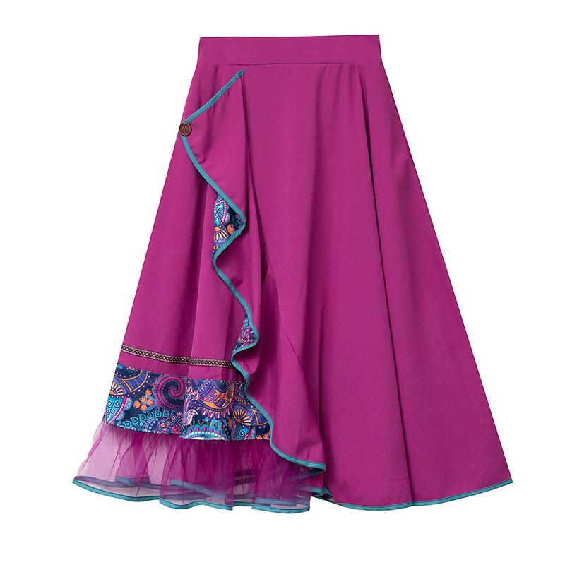 エスニック スカート レディース 民族風 シフォン 春秋 レトロ 柄プリント ロング丈 裾フリル 透け感 Aライン エレガント おしゃれ 花 ピンク