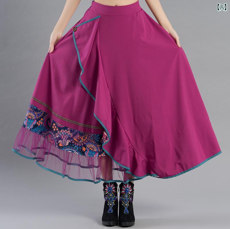 エスニック スカート レディース 民族風 シフォン 春秋 レトロ 柄プリント ロング丈 裾フリル 透け感 Aライン エレガント おしゃれ 花 ピンク