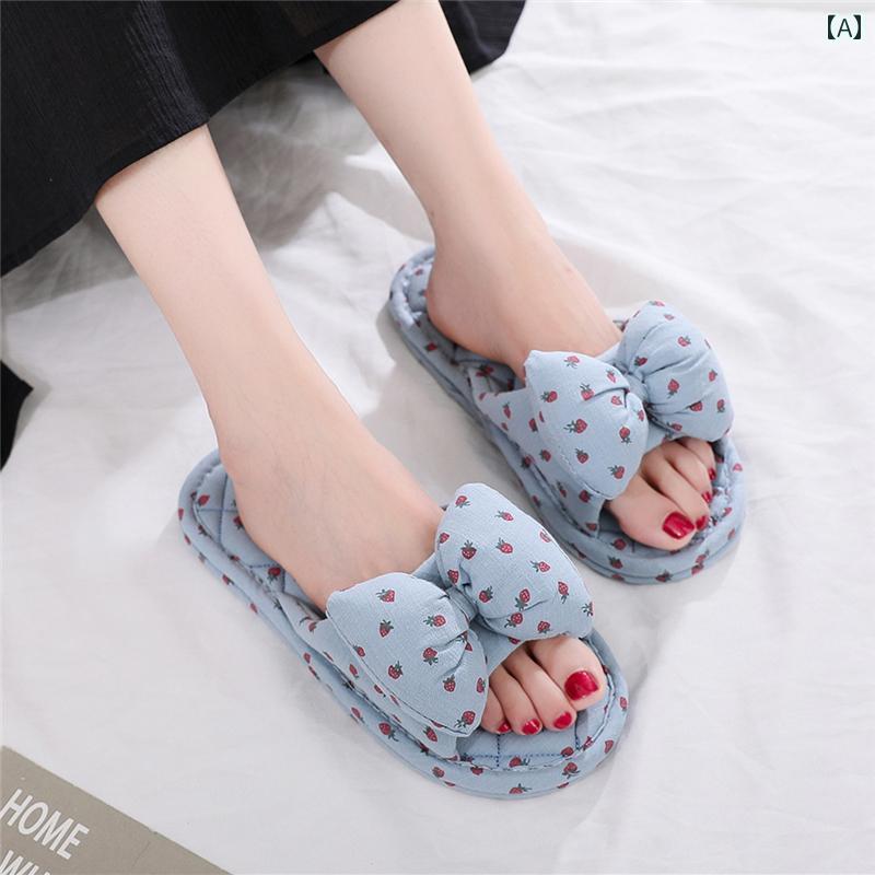 スリッパ 洗える かわいい 前開き 室内 滑り止め 布底 静音 綿 レディース メンズ 春夏 秋冬 家庭用 リビングルーム 寝室 イチゴ柄 リボン 青 白 ピンク