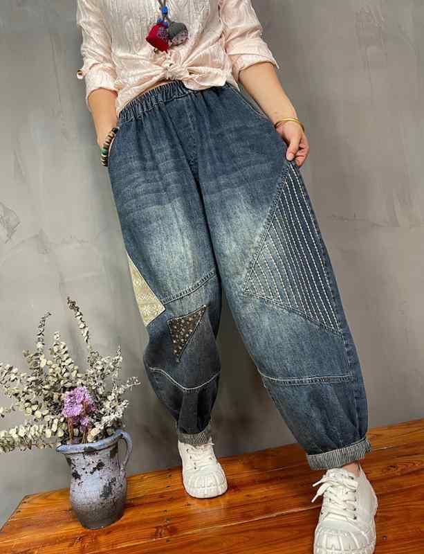 楽ちん ゆったり パンツ レディース 女性 秋 キャロット ハーレム 体型カバー カジュアル 普段使い デニム ルーズ ウエストゴム 青 刺繍 ウォッシュ 加工 ポケット