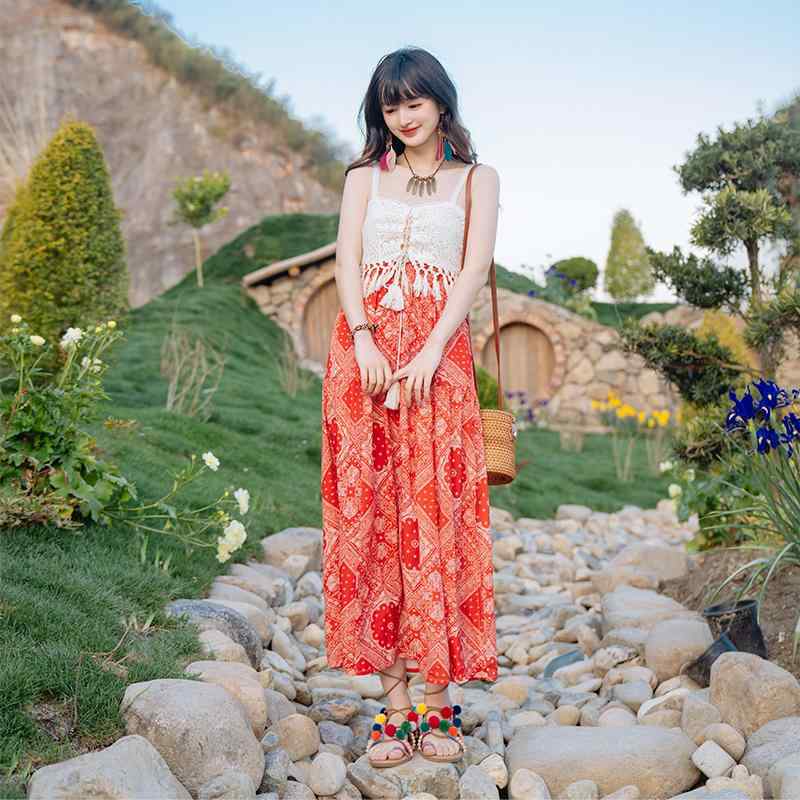 エスニック スカート レディース 春夏 ボヘミアン スリット ロング丈 柄プリント レトロ おしゃれ ハイウエスト リゾート ビーチ 旅行 オレンジ