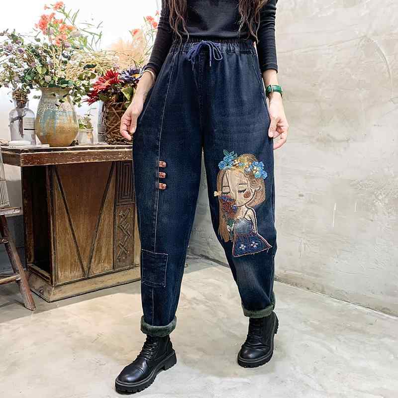 ウエストゴム ゆったり パンツ レディース 秋冬 裏起毛 厚手 暖かい 刺繍 ジーンズ パッチ 普段使い ダメージ ロング 女の子 カジュアル おしゃれ ポケット ストレート
